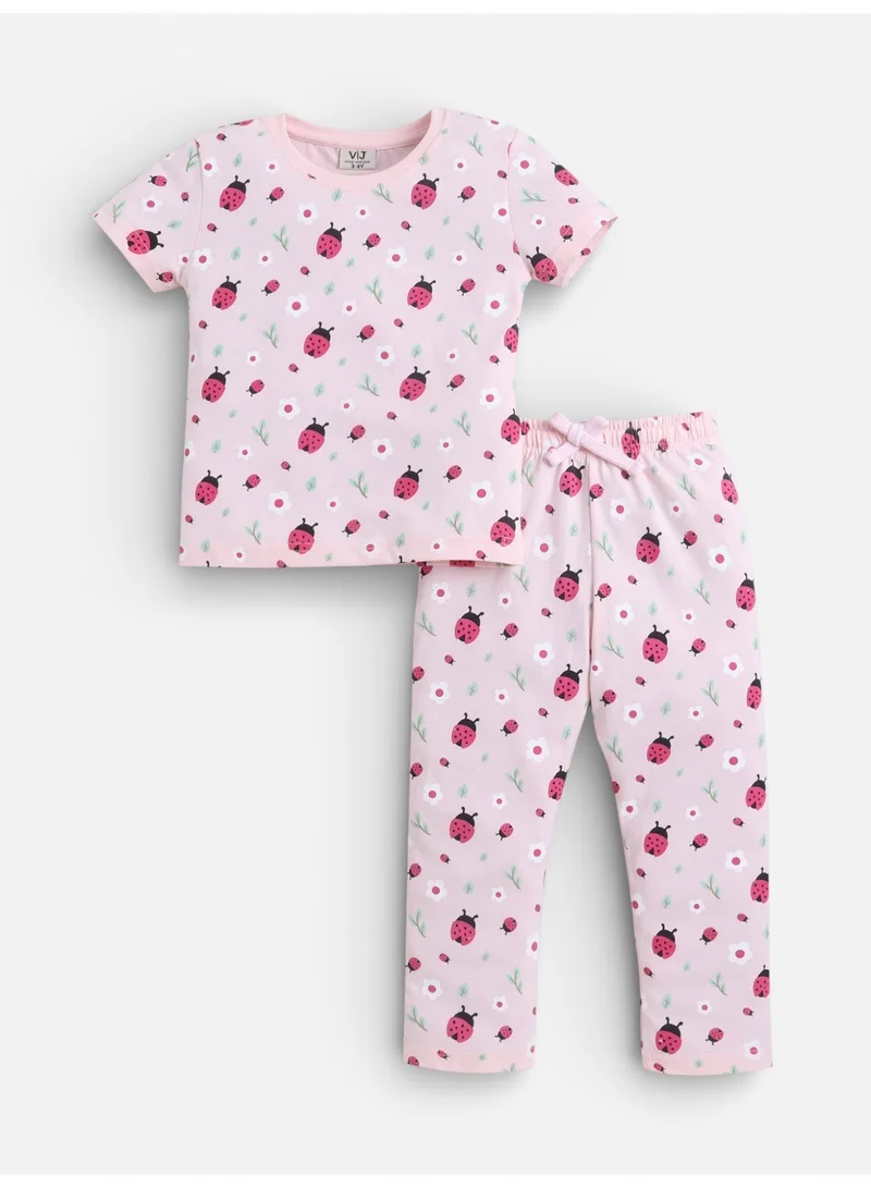 victor and jane Girls Ladybug Print Cotton Pajama Set – T-Shirt & Full Pants Nightwear